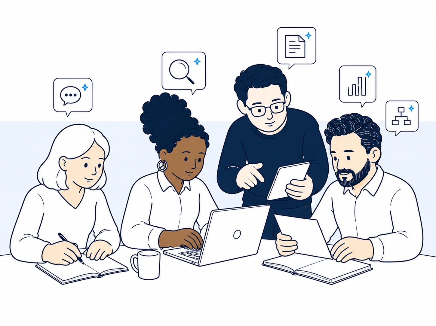 A leader reflects with a notebook while a team works across laptops and tablets, AI tool icons floating above their day-to-day work.